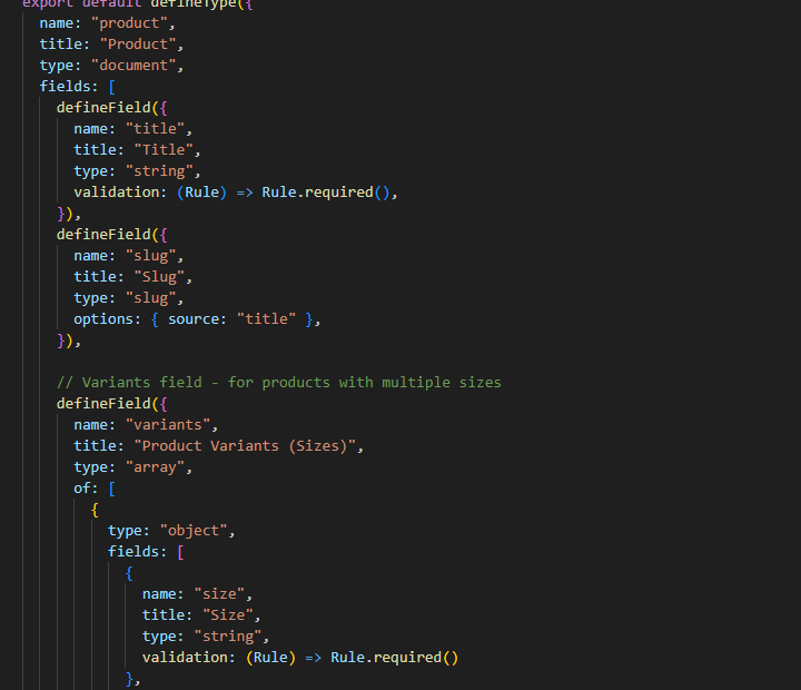 Sanity CMS product schema screenshot